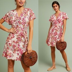 Anthropologie x Kachel pink floral wrap dress size 4 HEMMED sundress wedding